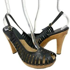 Michael Kors Black Huarache Leather Slingback Peep Toe Platform Sandal  Size 9